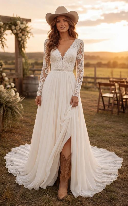 Langärmeliges, A-Linien-Brautkleid im Landhausstil aus Spitze mit vorderem Schlitz und Kapellenschleppe