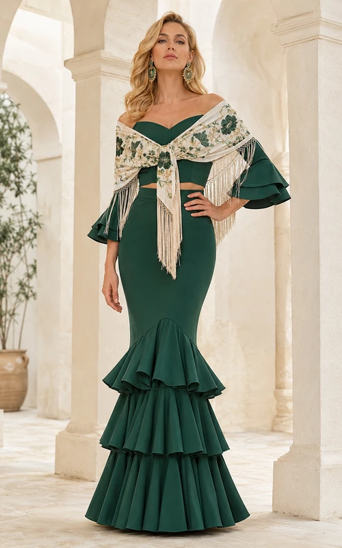 Dunkelgrünes schulterfreies Crop-Top mit Rüschenärmeln, gestuftem Meerjungfrauen-Schnitt, zweiteiliges Flamenco-Set