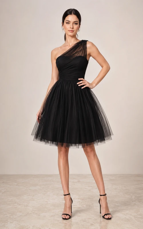 Black One-Shoulder Illusion Tulle Cocktail Dress