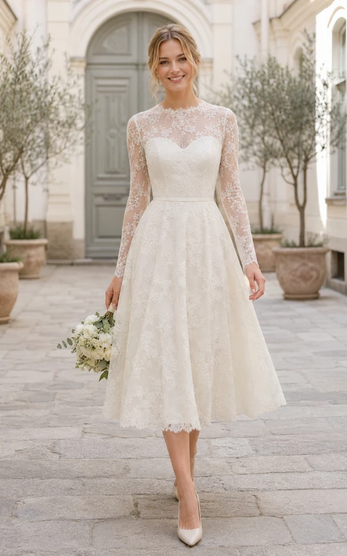 Romantic Civil Lace A Line Bateau Long Illusion Sleeve Tea Length Wedding Dress