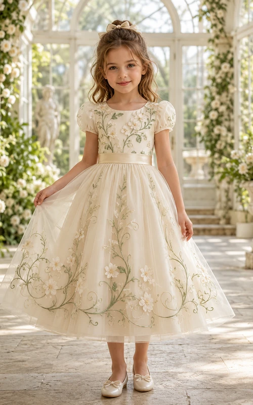 Vestido de niña de flores de corte A, largo midi, con mangas abullonadas y bordado botánico color marfil, con lazo de satén en la cintura.