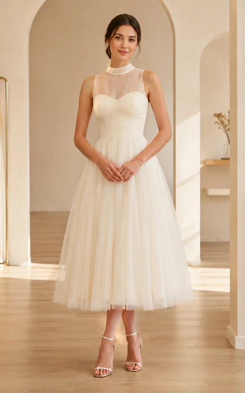 Courtly Mist Ivory A-Line Tea-Length High-Neck Sleeveless Tulle Modest Cocktail Dress