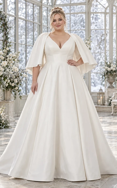 Vestido de novia sencillo de satén con escote en V, mangas tipo capa y corte en A, talla grande.