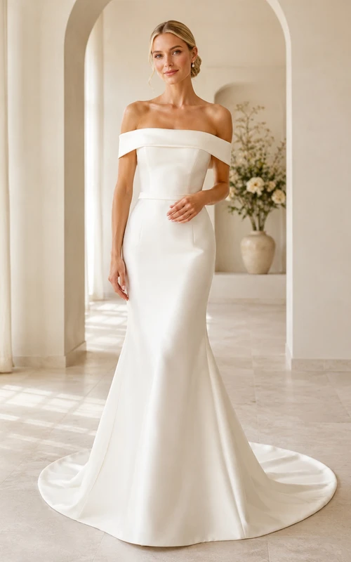 Minimalist Stretch Satin Wedding Dress Mermaid Off Shoulder Sweep Train Bridal Gown