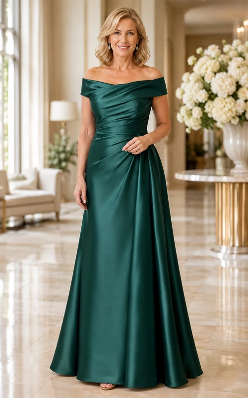 MOB-Kleid, dunkelgrün, Satin, A-Linie, kurze Ärmel, schulterfrei, bodenlang, drapiert