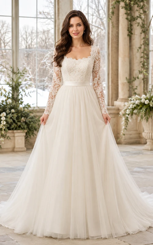 Affordable Long Sleeve Lace Tulle A-Line Winter Bridal Gown
