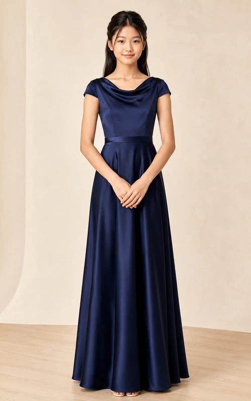 Dunkelblaues Brautjungfernkleid für junge Frauen, A-Linie, Wasserfallausschnitt, kurze Ärmel, Satin, modern