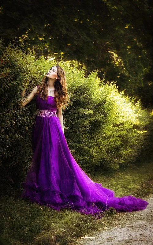 Glamuroso vestido de fiesta de tul morado de un solo hombro, nuevo vestido de novia de moda