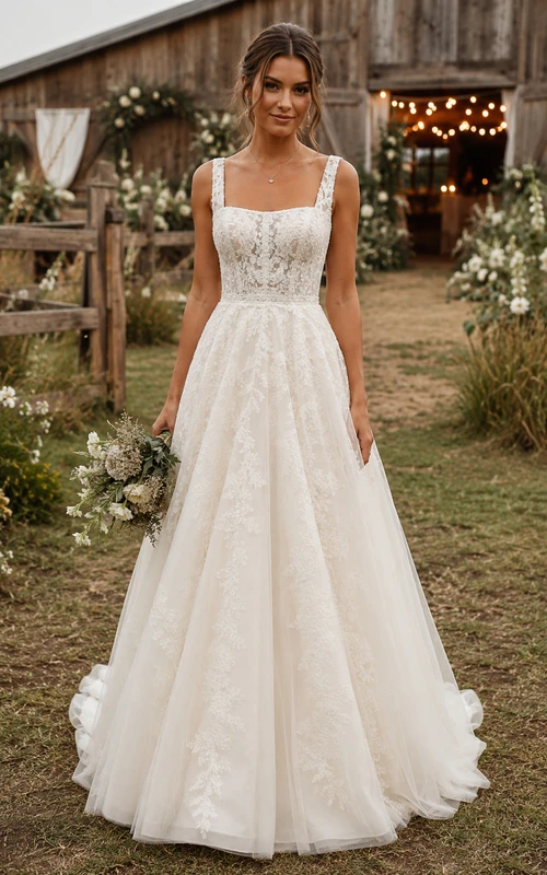 Robe de mariée champêtre en dentelle, coupe trapèze, col carré et larges bretelles