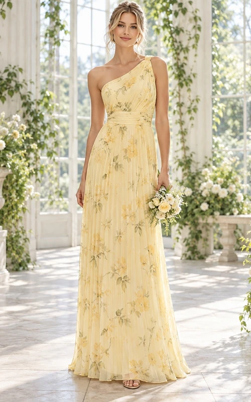 Vestido de dama de honor de gasa largo hasta el suelo, asimétrico, sin mangas, con estampado floral de narcisos.