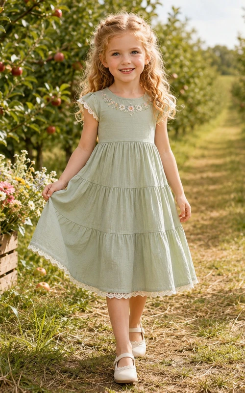 Bohemian Tea-Length A-Line Garden Flower Girl Floral Lace Tiered Dress with Jewel Neck