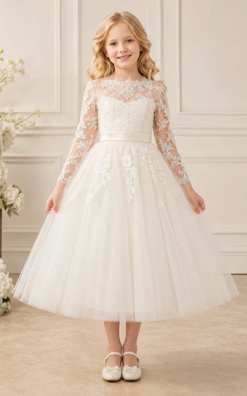 Flower Girl Dress A-Line Cream Modest Lace Long Sleeve Tulle Formal
