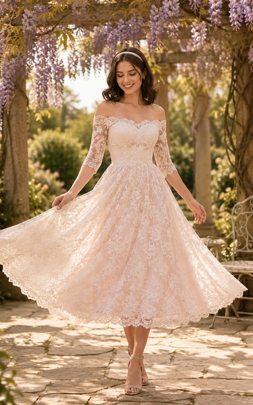 Robe de mariée romantique rose poudré en dentelle à épaules dénudées et longueur thé