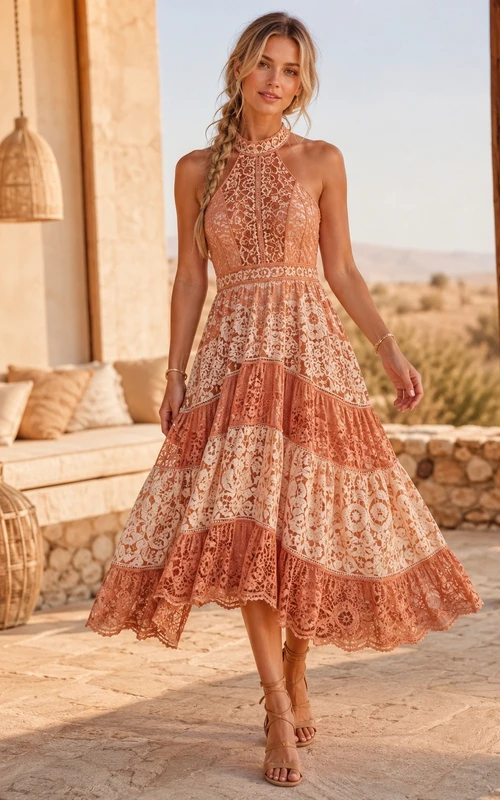 Vestido largo hasta los tobillos de gasa color óxido con escote en V y mangas cortas con volantes, estampado floral y cuello en V.