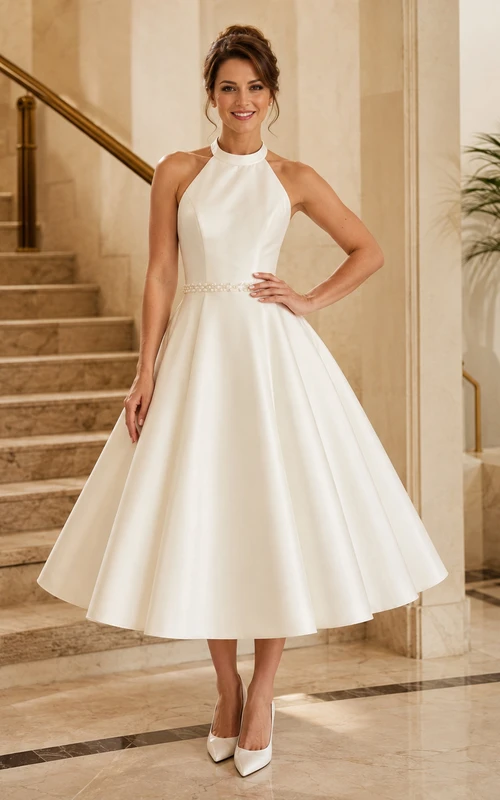 1950s Halter High Neck Satin A-Line Swing Tea Length Wedding Dress