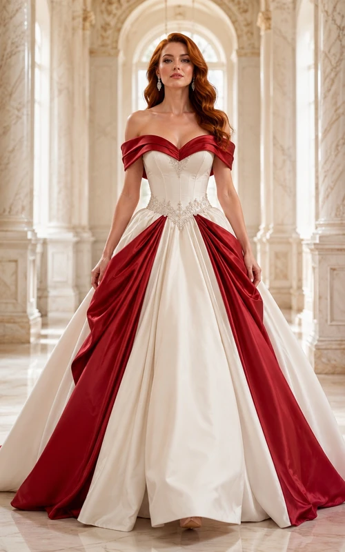 Rotes Satin-Brautkleid im Prinzessinnen-Ballkleid-Stil mit schulterfreiem Herzausschnitt, Farbblock-Design und Hofschleppe