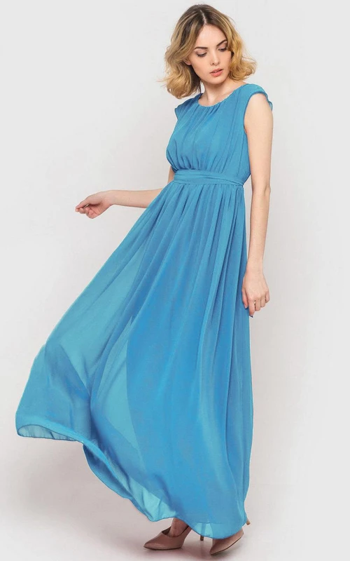 Scoop Neck Cap Sleeve Pleated A-line Chiffon Ankle Length Dress Sky Blue