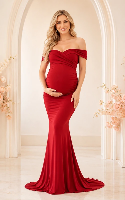 Robe de soirée sirène rouge de maternité en satin à épaules dénudées et décolleté cœur