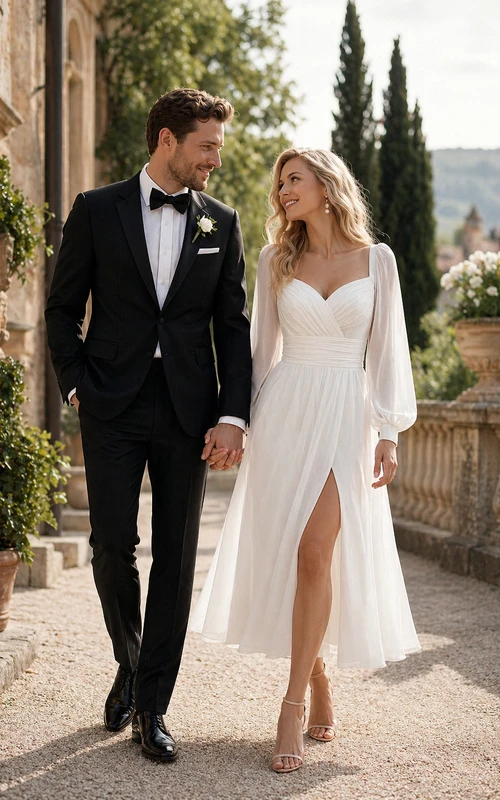 Vestido de novia corto de gasa fluida con mangas largas y abertura frontal