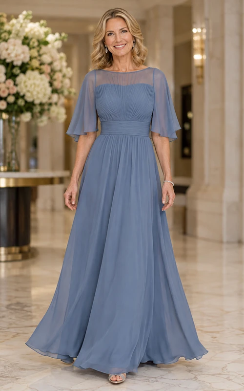 Schieferblaues, elegantes, formelles Mutterkleid aus Chiffon mit U-Boot-Ausschnitt, flatternden Ärmeln und Falten