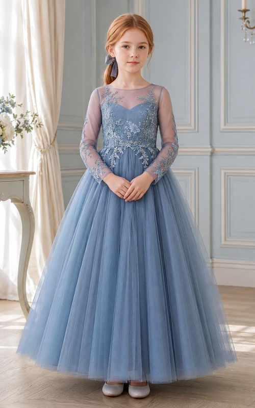 Steel Blue Lace Long Sleeve Tulle Floor-Length A-Line Formal Flower Girl Dress