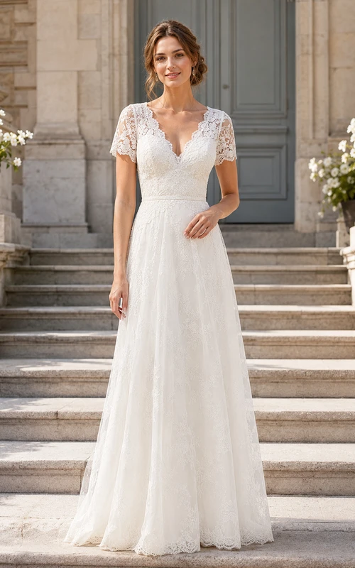 V Neck Short Sleeve Lace A Line Civil Bridal Gown