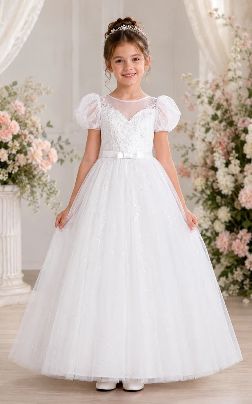 Princess Ball Gown Floor Length Puff Sleeve Tulle Lace Flower Girl Dress with White lace bodice and puff sleeves over full tulle