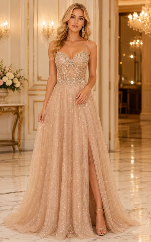 Ballkleid aus rosafarbenem Tüll, A-Linie, Spaghettiträgern, Pailletten, bodenlang
