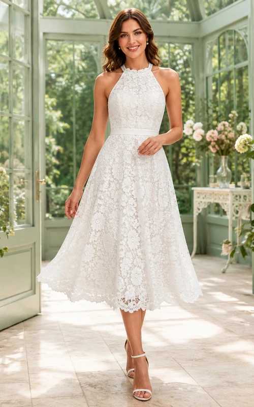White High Neck Halter Lace A-Line Tea-Length Vintage Garden Cocktail Dress