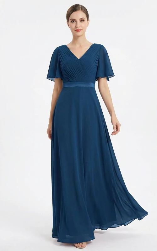 Vestido de fiesta de gasa con cuello en V y manga corta para madres