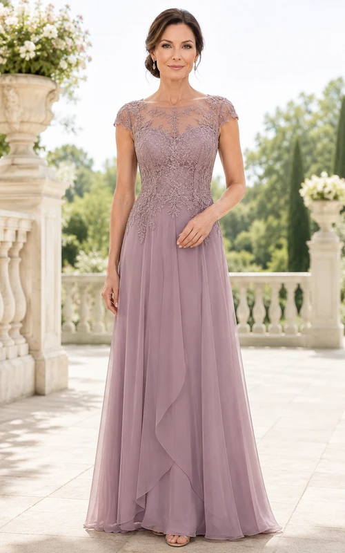 Mauvefarbenes Chiffon-Kleid mit Spitzenmieder und A-Linien-Schnitt