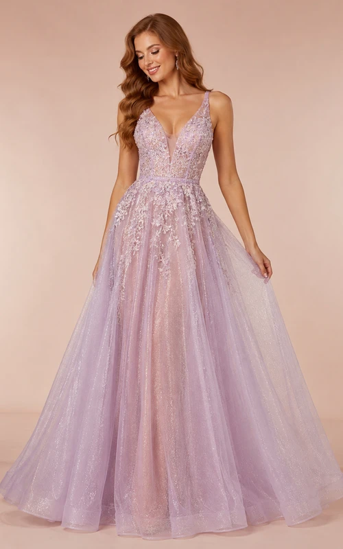 Robe de soirée trapèze en tulle lavande pailleté avec corsage orné d'appliqués et col en V