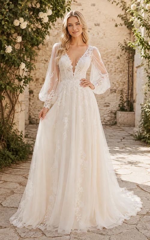 Robe de mariée longue en tulle à décolleté plongeant, manches longues, ornée d'appliques de dentelle, dos nu en V profond, coupe trapèze et traîne.