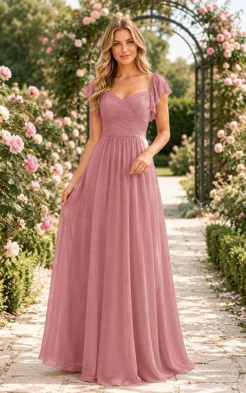 Dusty Rose Rose Garden A-Line Chiffon Bridesmaid Dress with V-Neck Flutter Sleeve Bodice, Pleated Floor-Length Skirt and Low V Back