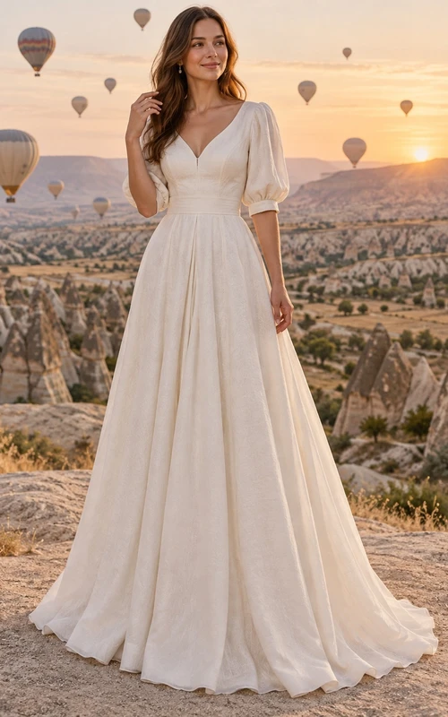 Vestido de novia sencillo de corte A con escote en V y mangas abullonadas.