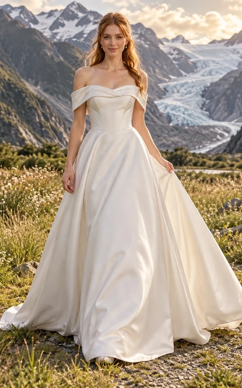 Schlichtes schulterfreies Brautkleid aus Satin in A-Linie mit langer Schleppe