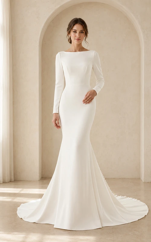 Robe de mariée sirène à manches longues et décolleté en V profond, en satin sobre et à coupe bateau