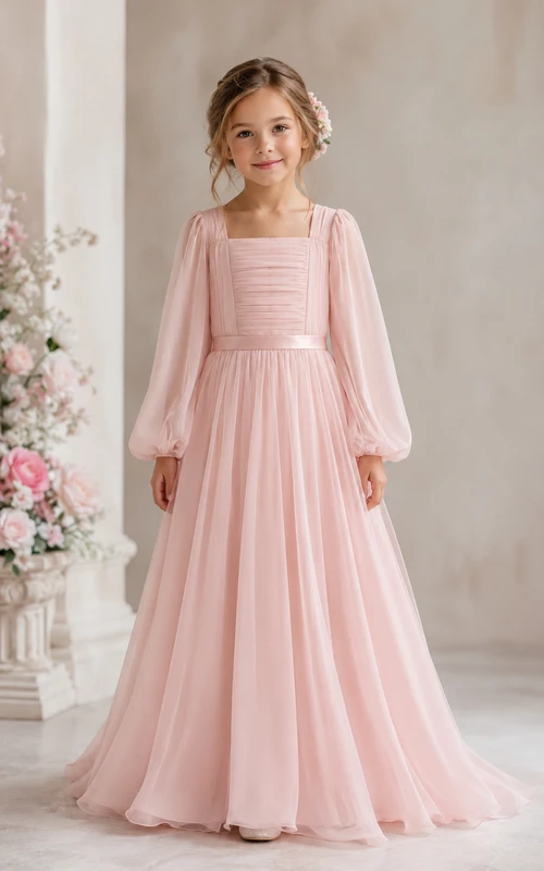 Long Sleeve Pink Chiffon A-Line Flower Girl Dress