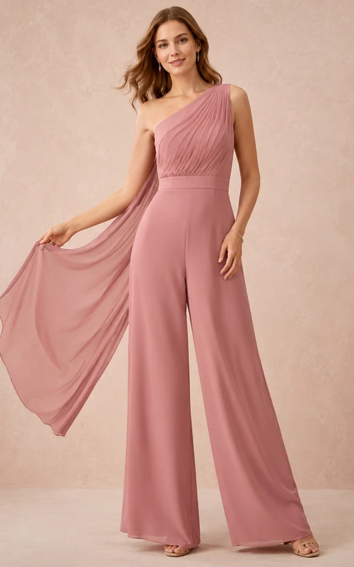 Moderner Abend-Jumpsuit aus Chiffon in Altrosa mit One-Shoulder-Ausschnitt, Cape-Drapierung und weitem Bein