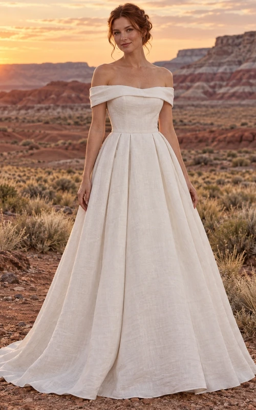 Vestido de novia sencillo de manga corta con hombros descubiertos, confeccionado en lino plisado y corte en A, largo hasta el suelo.
