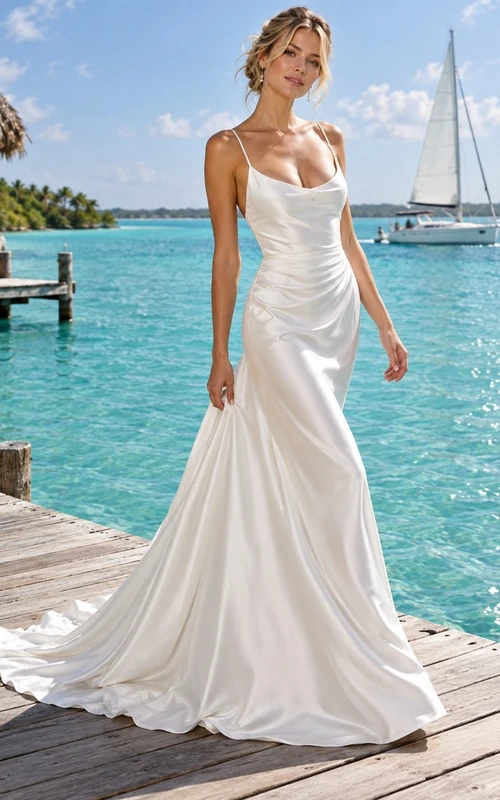 Meerjungfrauen-Brautkleid aus Charmeuse mit Wasserfallausschnitt, geraffter Taille und dünnen Trägern