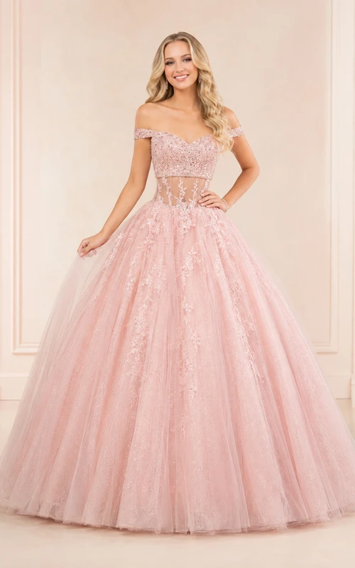 Zartrosa, luxuriöses zweiteiliges schulterfreies, perlenbesetztes Tüll-Ballkleid für den 16. Geburtstag