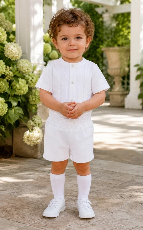 Minimalistisches weißes Kurzarm-Taufset mit Abnähern für Jungen