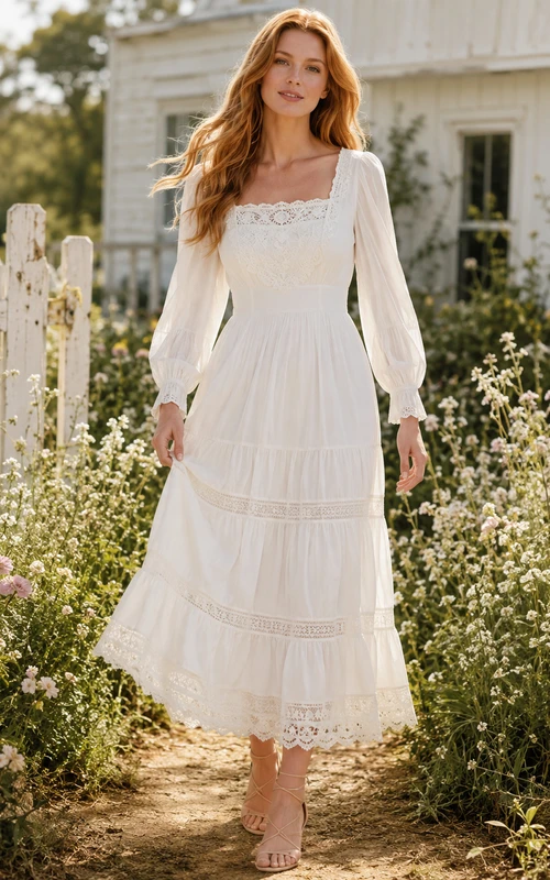 Robe de mariée bohème vintage à col carré, manches bouffantes, volants en dentelle et mousseline, longueur thé