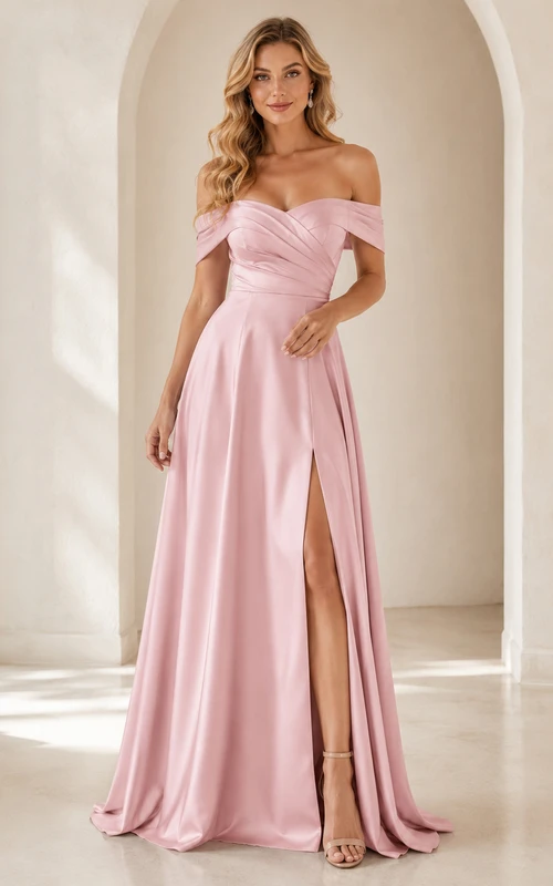 Vestido de noche largo hasta el suelo, de satén color rosa empolvado, con escote corazón, abertura lateral y pliegues.