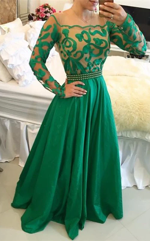 Beautiful Green Long Sleeve Prom Dress A-Line With Pearls