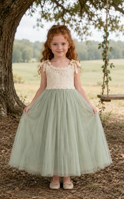 Blumenmädchenkleid aus salbeifarbener Spitze und Tüll, A-Linie, Rundhalsausschnitt, Teelänge
