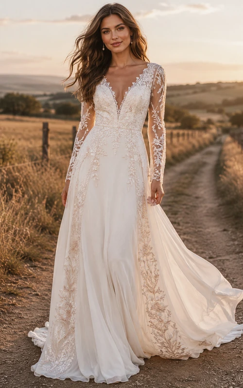 Robe de mariée champêtre en dentelle, coupe trapèze, col en V, manches longues, traîne chapelle