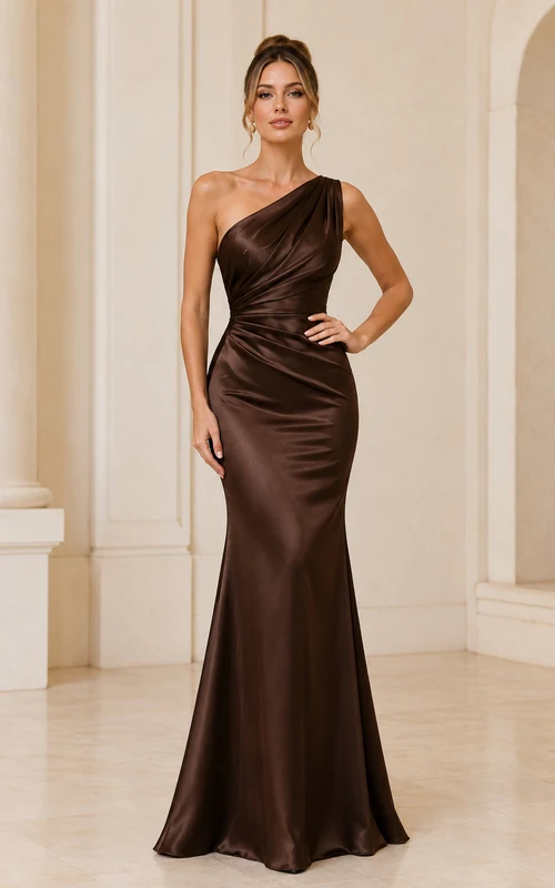 Vestido de noche ajustado de satén color chocolate con un solo hombro y cintura drapeada.