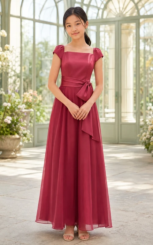 Robe de demoiselle d'honneur junior bordeaux, coupe trapèze, longueur au sol, manches courtes carrées, détail imprimé romantique